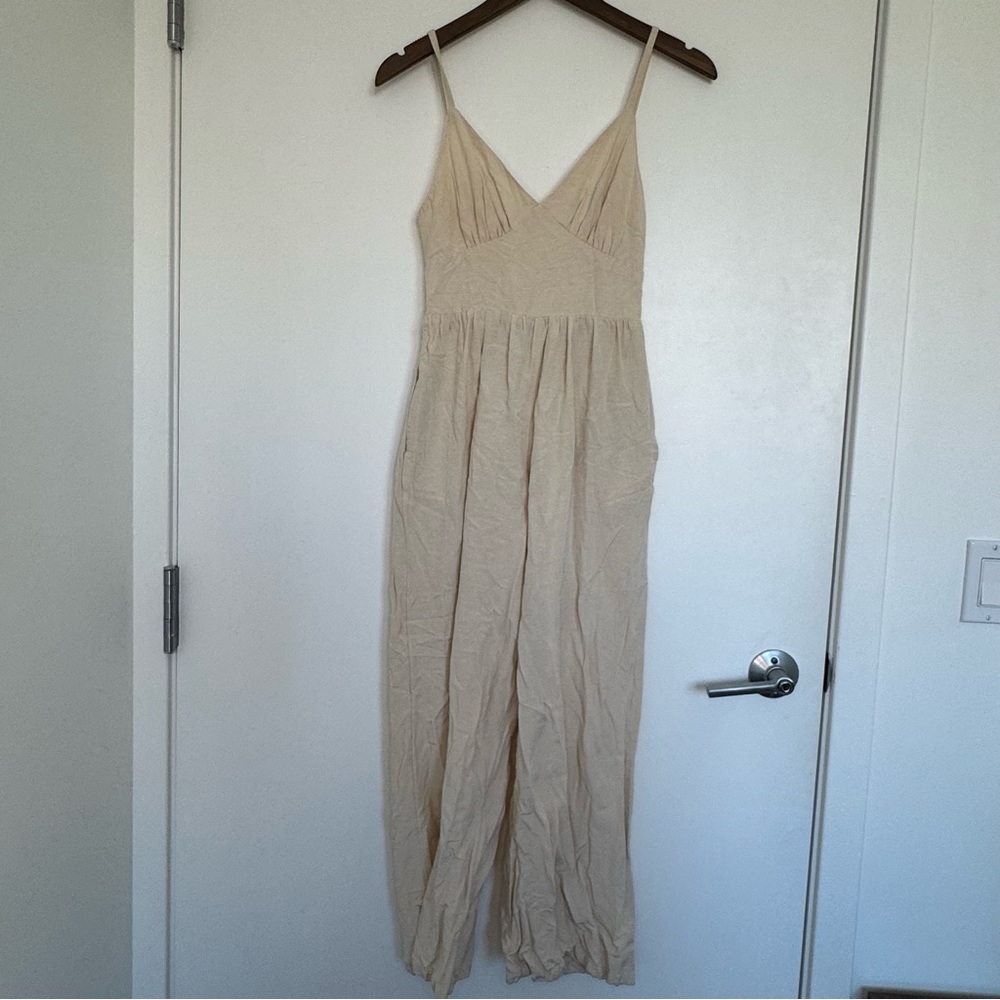 S Cream Oatmeal Linen Blend Jumpsuit Vacation Travel Quiet Luxury Minimal Chic - Picture 10 of 15